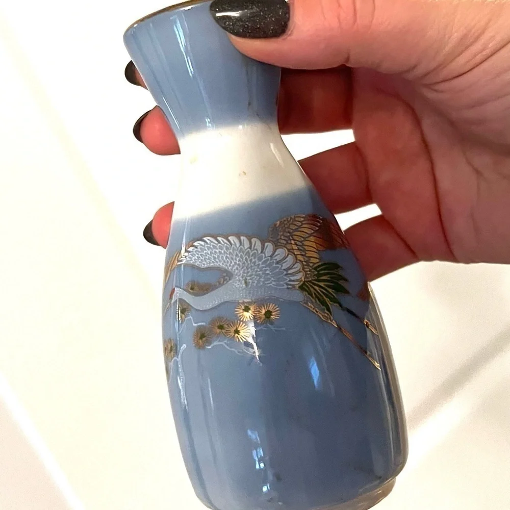 Vintage Arita Porcelain Crane Blue White Sake Set Gold Metallic Detail Japan